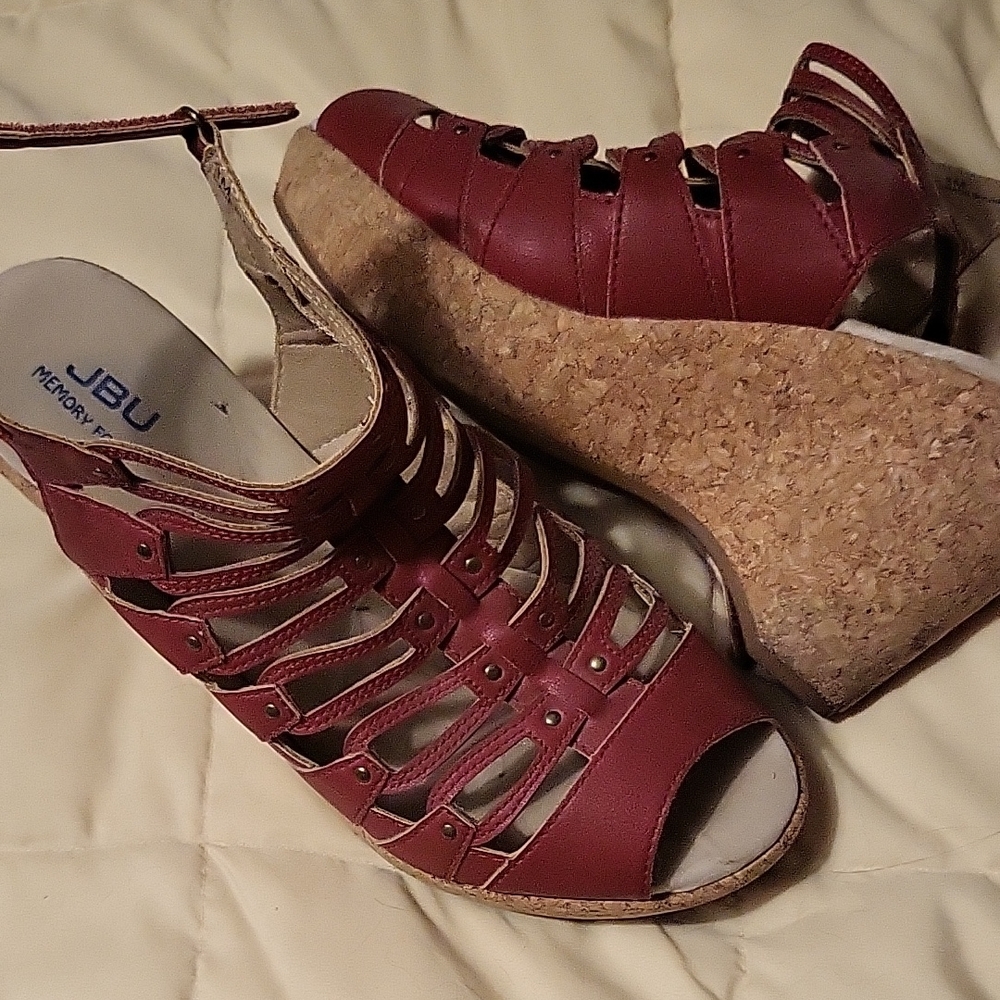 JBU Burgundy Strappy Wedge Sandals